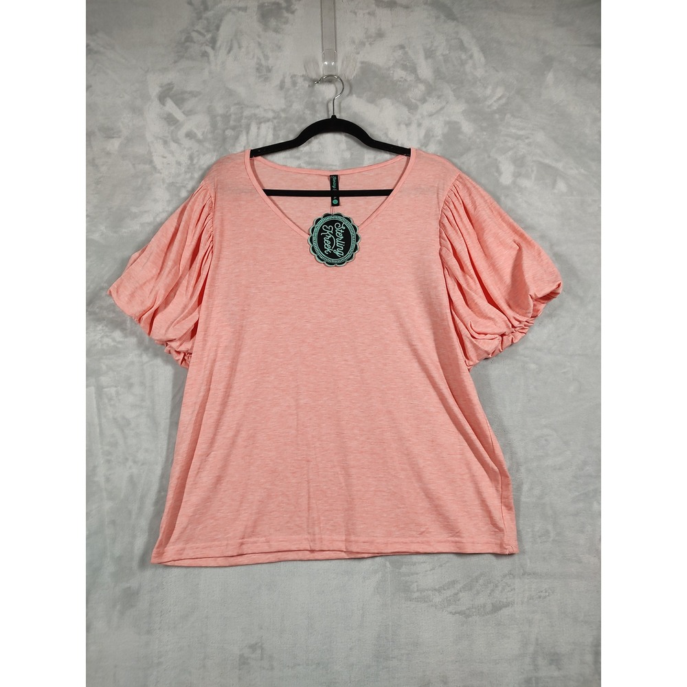 Sterling Kreek Womens Peach Heather Puff Sleeve V-Neck Slub Knit Top Large NWT